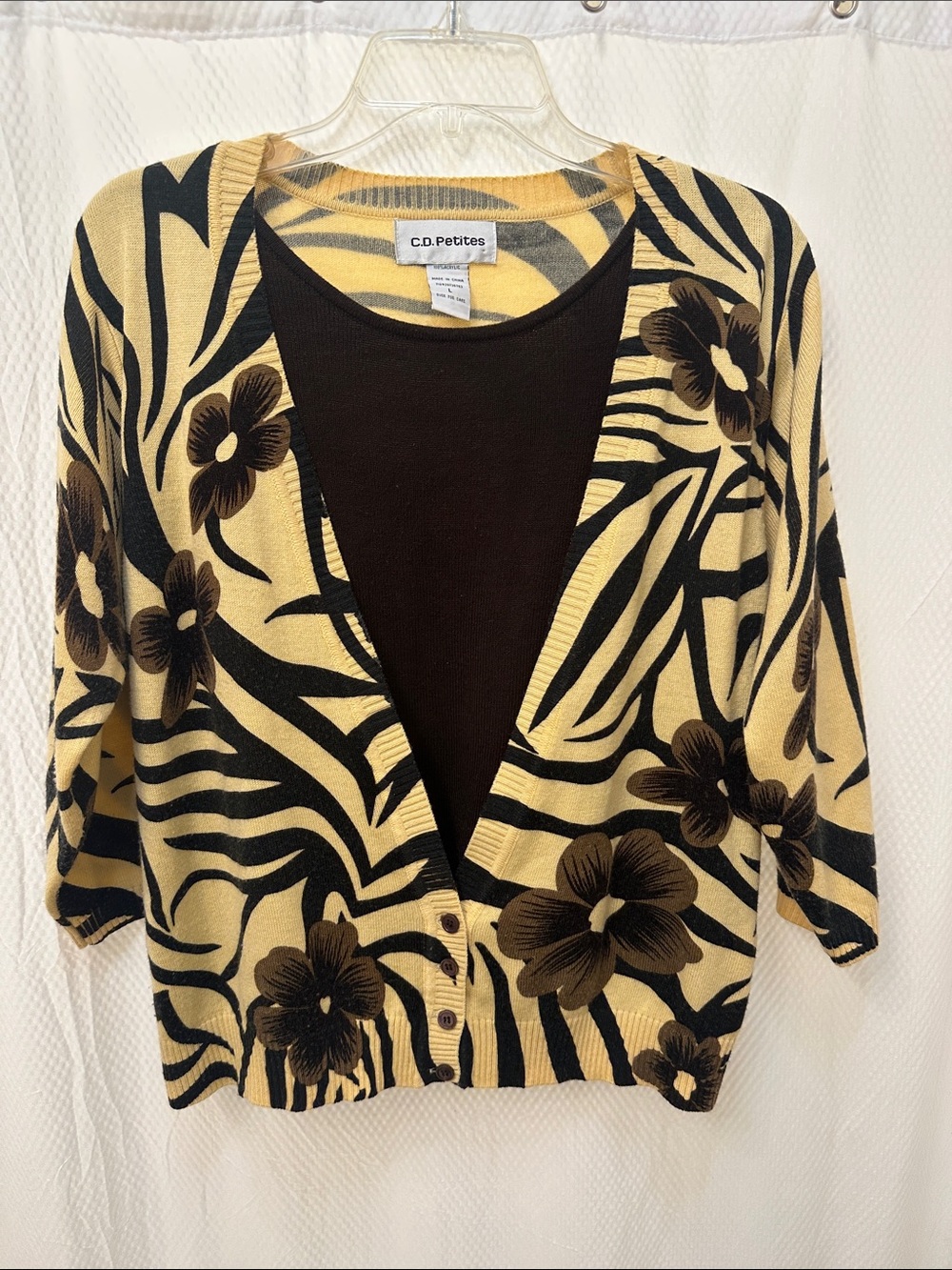 C.D. Petites Layered Look Floral Zebra Print Cardigan Sweater Top – Size L